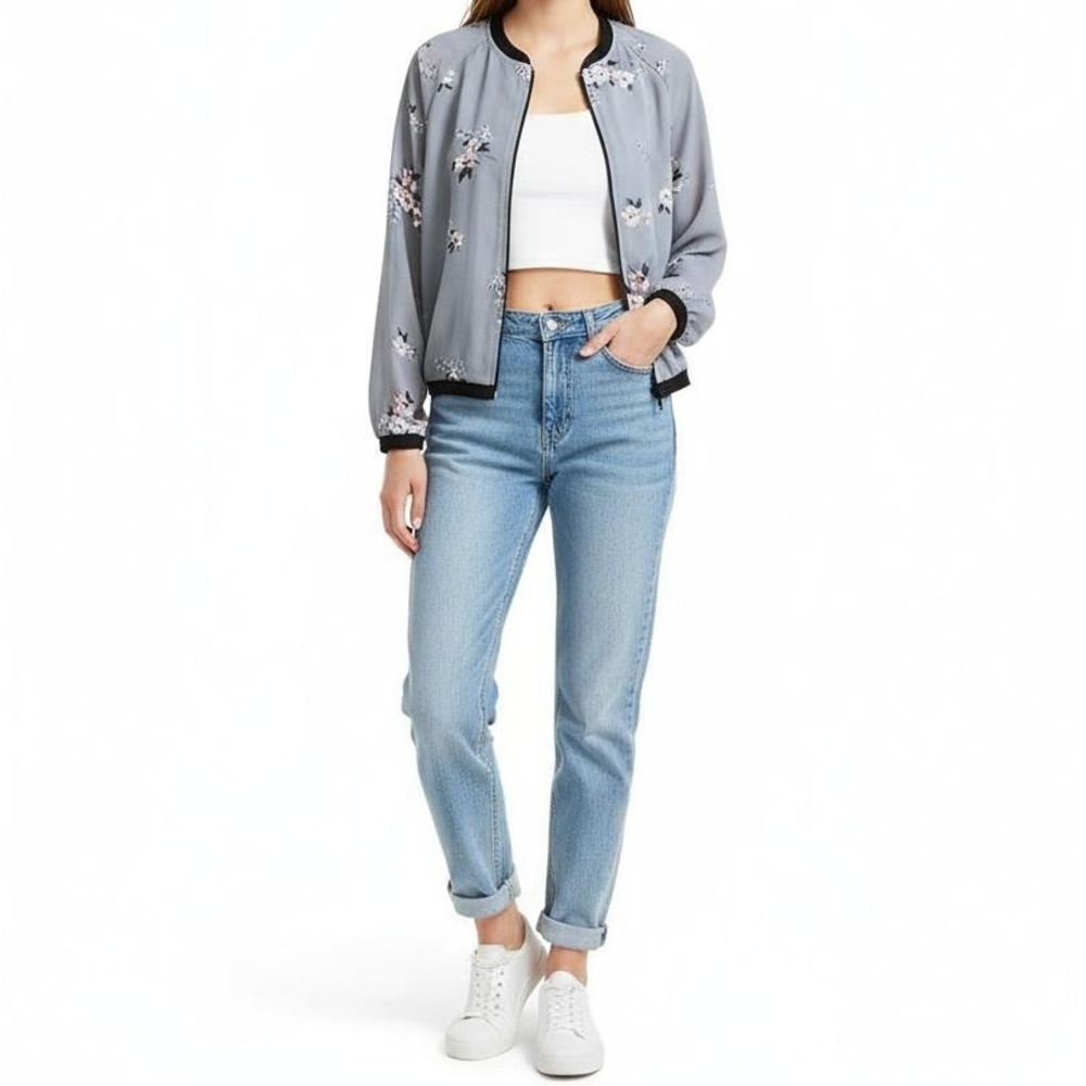 Maurices Chiffon Bomber Jacket Womens Light Blue Floral Lightweight Size M